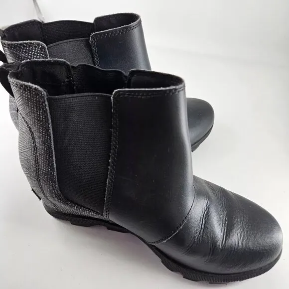 Sorel Boots Youth 3 Joan of Arctic Wedge II Chelsea Black Leather Waterproof