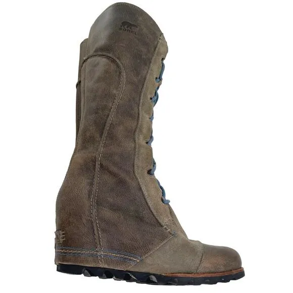 Sorel Cate the Great Size 8.5 Tall High Wedge Boots Brown Gray Waterproof