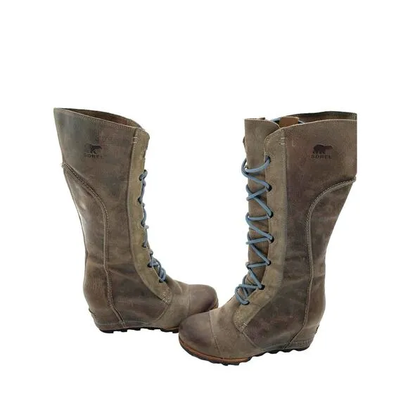 Sorel Cate the Great Size 8.5 Tall High Wedge Boots Brown Gray Waterproof