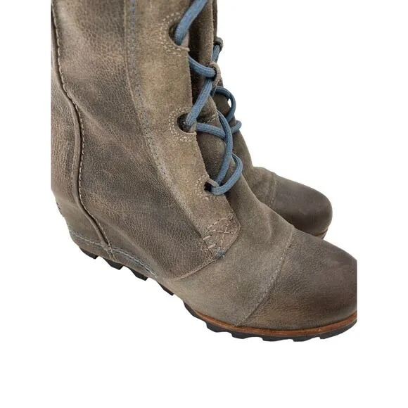 Sorel Cate the Great Size 8.5 Tall High Wedge Boots Brown Gray Waterproof