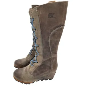 Sorel Cate the Great Size 8.5 Tall High Wedge Boots Brown Gray Waterproof