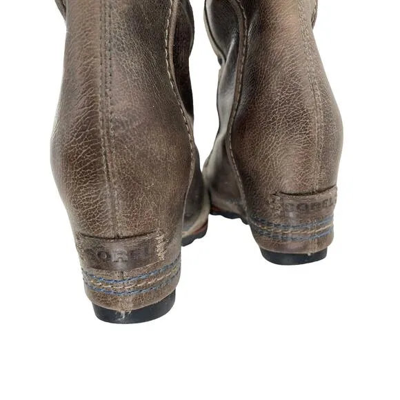 Sorel Cate the Great Size 8.5 Tall High Wedge Boots Brown Gray Waterproof