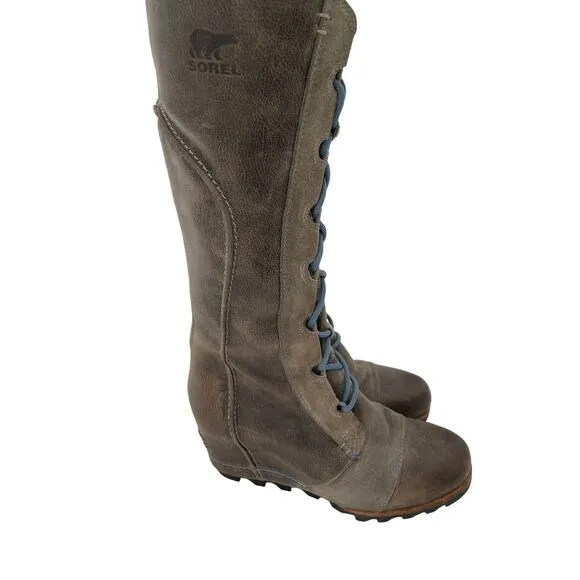 Sorel Cate the Great Size 8.5 Tall High Wedge Boots Brown Gray Waterproof