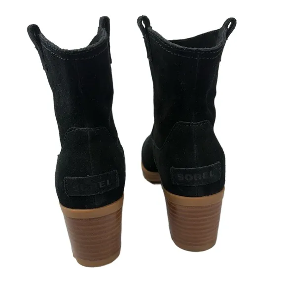 SOREL Cate Womens Size 7 Black Waterproof Suede Pull-On Boot Stacked Heel