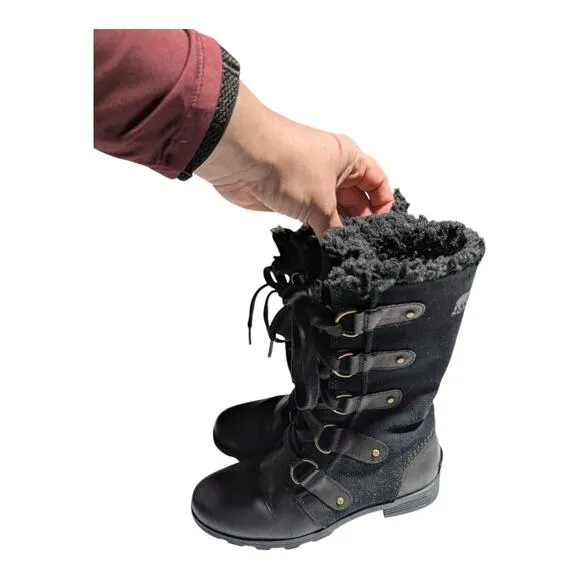 Sorel Emelie Black Waterproof Suede Leather Faux Fur Lined Lace-Up Boots Sz 6.5