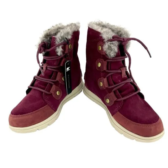 Sorel Explorer Joan Winter Boots Faux Fur Dark Red Suede Leather SZ 6 New