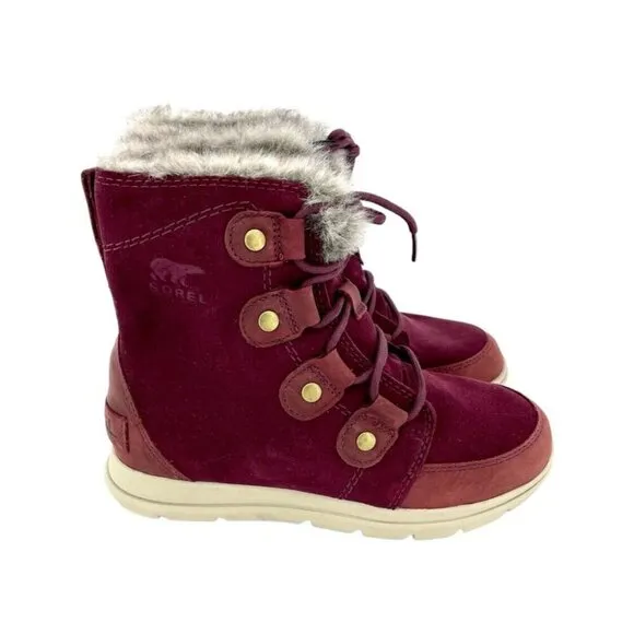 Sorel Explorer Joan Winter Boots Faux Fur Dark Red Suede Leather SZ 6 New