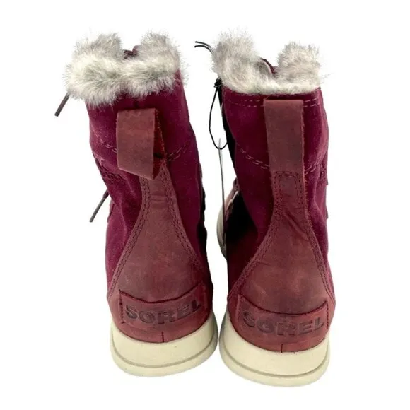 Sorel Explorer Joan Winter Boots Faux Fur Dark Red Suede Leather SZ 6 New