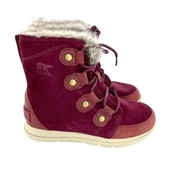 Sorel Explorer Joan Winter Boots Faux Fur Dark Red Suede Leather SZ 6 New