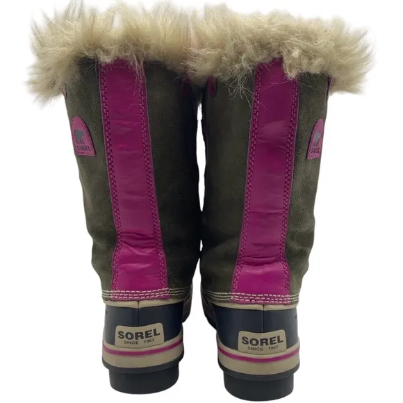 Sorel Girls Winter Boots Size 6 Green Pink Leather Waterproof Faux Fur Tall