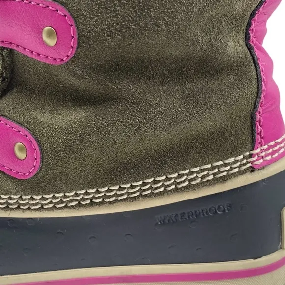 Sorel Girls Winter Boots Size 6 Green Pink Leather Waterproof Faux Fur Tall