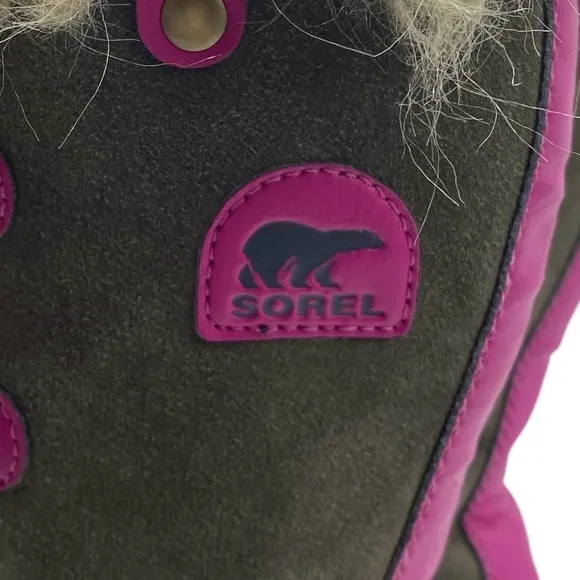 Sorel Girls Winter Boots Size 6 Green Pink Leather Waterproof Faux Fur Tall