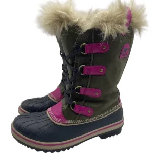 Sorel Girls Winter Boots Size 6 Green Pink Leather Waterproof Faux Fur Tall