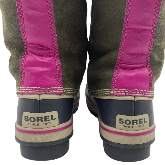 Sorel Girls Winter Boots Size 6 Green Pink Leather Waterproof Faux Fur Tall