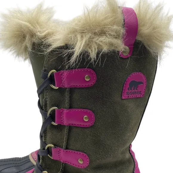 Sorel Girls Winter Boots Size 6 Green Pink Leather Waterproof Faux Fur Tall