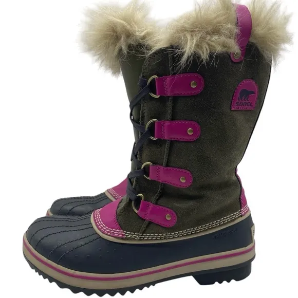 Sorel Girls Winter Boots Size 6 Green Pink Leather Waterproof Faux Fur Tall