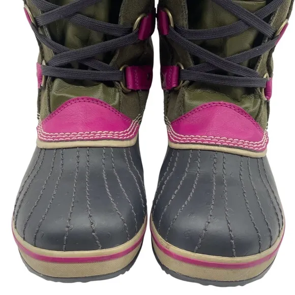 Sorel Girls Winter Boots Size 6 Green Pink Leather Waterproof Faux Fur Tall