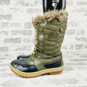 Sorel Green Black Duck Lace Up Faux Fur Winter Boots H781