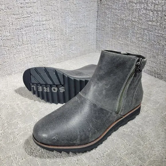 Sorel Harlow Women's Size 7.5 Gray Leather Waterproof Zip Ankle Boots NL3735-052