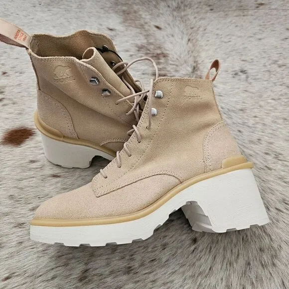 SOREL Hi-Line™ Women's Waterproof Heel Suede Lace Boots Chalk Beige Size 8 NEW