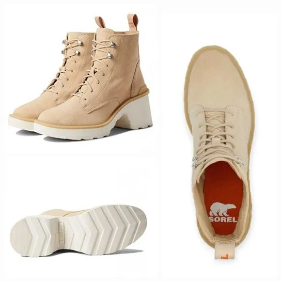 SOREL Hi-Line™ Women's Waterproof Heel Suede Lace Boots Chalk Beige Size 8 NEW