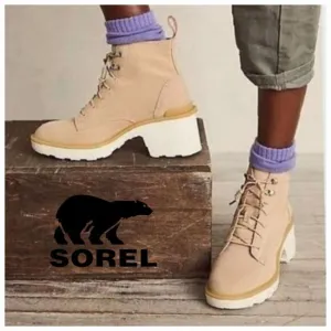 SOREL Hi-Line™ Women's Waterproof Heel Suede Lace Boots Chalk Beige Size 8 NEW
