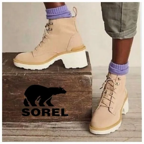SOREL Hi-Line™ Women's Waterproof Heel Suede Lace Boots Chalk Beige Size 8 NEW