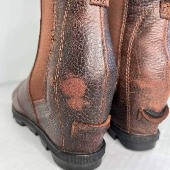 Sorel Joan Of Arctic Wedge II Brown Leather Waterproof Chelsea Ankle Boots 9.5
