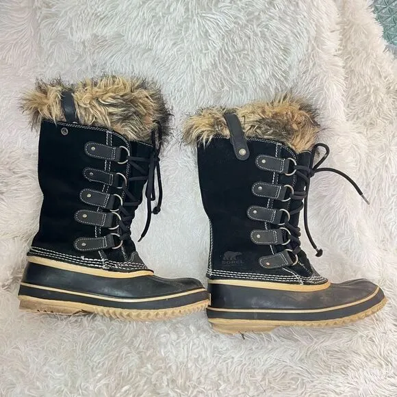 Sorel Joan of Arctic black fur trim waterproof snow boots size 7
