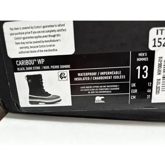 Sorel Men's Caribou Waterproof Winter Leather Boot Black- NEW w/ Box Size 13