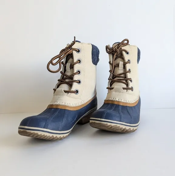Sorel Slimpack Lace II Shell Rubber Leather Wool Boot Oatmeal Collegiate Navy 8½