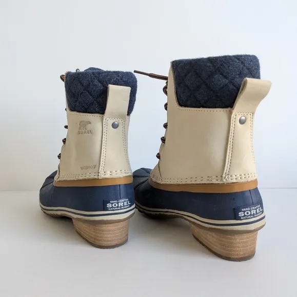 Sorel Slimpack Lace II Shell Rubber Leather Wool Boot Oatmeal Collegiate Navy 8½