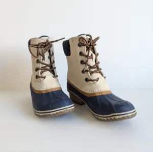 Sorel Slimpack Lace II Shell Rubber Leather Wool Boot Oatmeal Collegiate Navy 8½