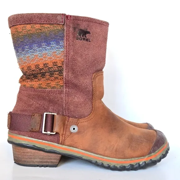 Sorel Slimshortine Brown Aztec Print Leather Winter Waterproof Boots size 6