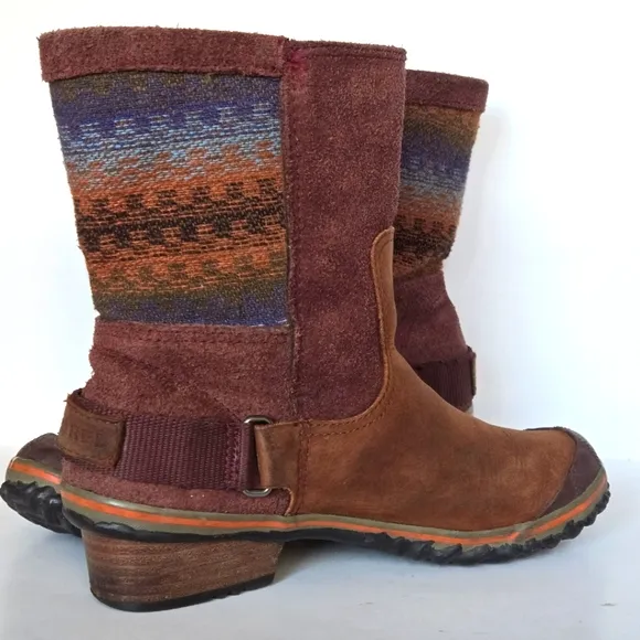 Sorel Slimshortine Brown Aztec Print Leather Winter Waterproof Boots size 6