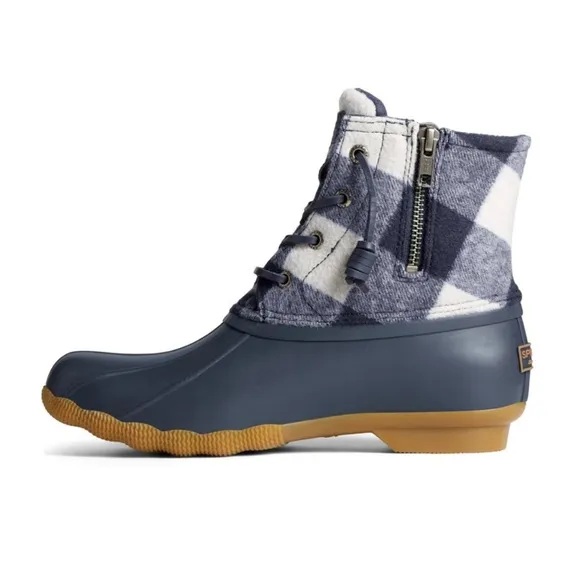 Sperry Saltwater Buffalo Check Wool Duck Boot Navy Blue and White Child Size 4