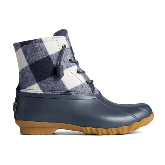 Sperry Saltwater Buffalo Check Wool Duck Boot Navy Blue and White Child Size 4