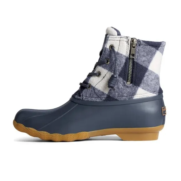 Sperry Saltwater Buffalo Check Wool Duck Boot Navy Blue and White Child Size 4