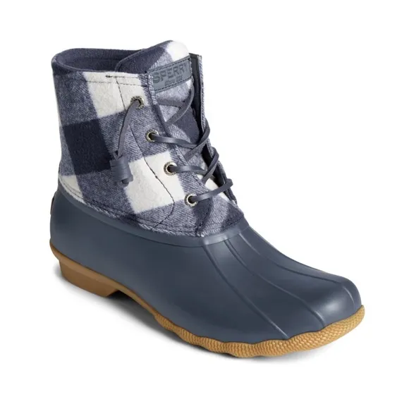 Sperry Saltwater Buffalo Check Wool Duck Boot Navy Blue and White Child Size 4
