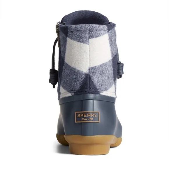 Sperry Saltwater Buffalo Check Wool Duck Boot Navy Blue and White Child Size 4