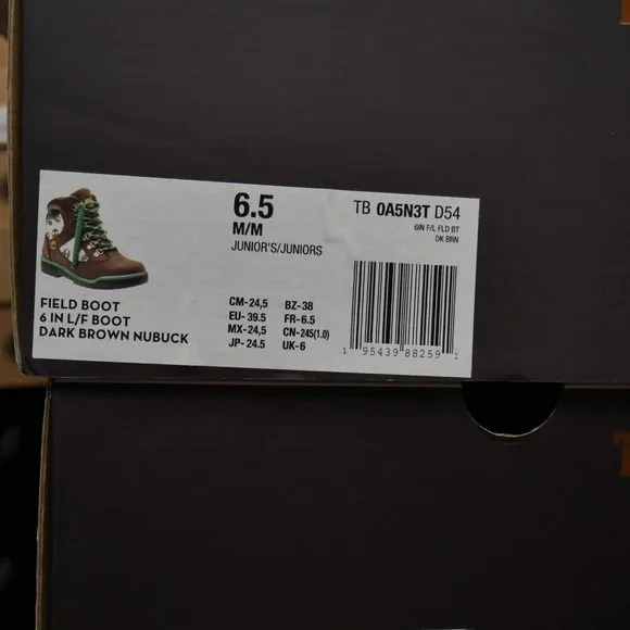 TIMBERLAND Waterproof  6&quot; Field Boots Beef and Broccoli Monogram Youth Size 6.5Y