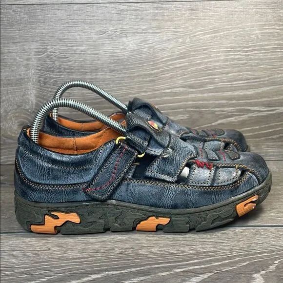 TMA Eyes Blue Denim Leather Women’s Sz 8/EU 39 Hollow Cut Out Hook &amp; Loop Shoes