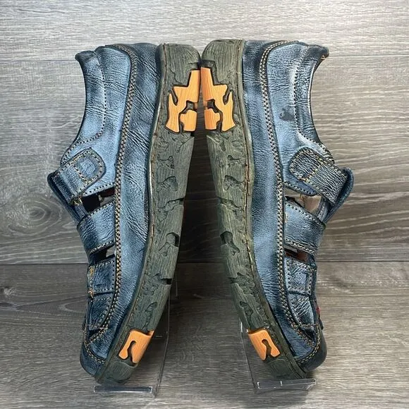 TMA Eyes Blue Denim Leather Women’s Sz 8/EU 39 Hollow Cut Out Hook &amp; Loop Shoes