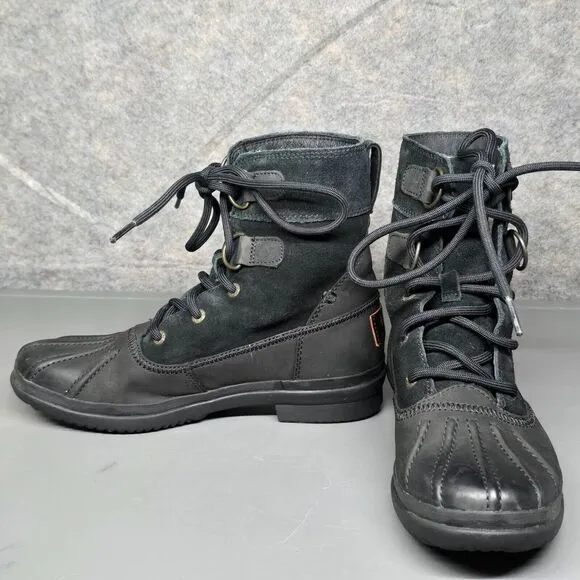 UGG‎ Azaria Boots Women's 6 Black Leather Duck Winter Sherpa Lined Waterproof