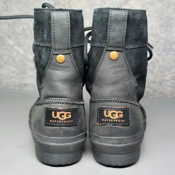 UGG‎ Azaria Boots Women's 6 Black Leather Duck Winter Sherpa Lined Waterproof