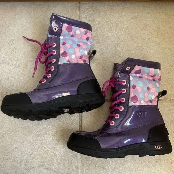 UGG Butte II patent Waterproof Winter Boots fur purple size 2 boot print glitter