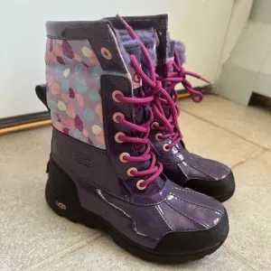 UGG Butte II patent Waterproof Winter Boots fur purple size 2 boot print glitter