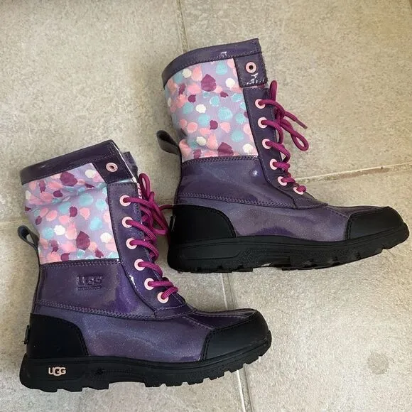 UGG Butte II patent Waterproof Winter Boots fur purple size 2 boot print glitter
