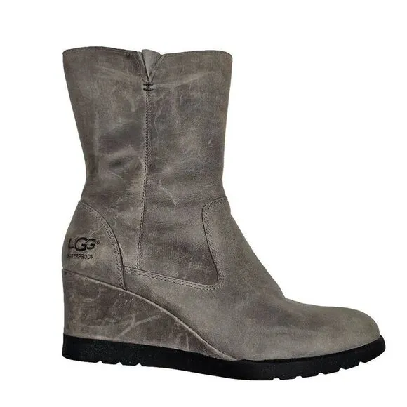 UGG Joely Wedge Boot 1012528 Gray Leather Zip Waterproof Lined Boots Size  7