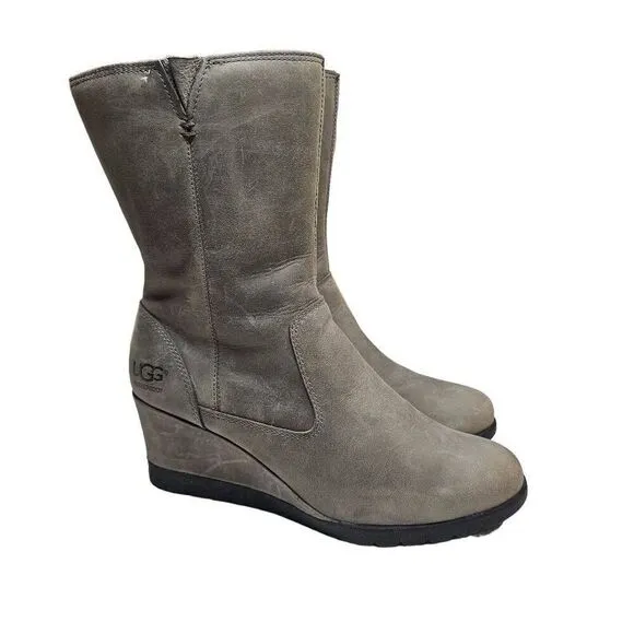 UGG Joely Wedge Boot 1012528 Gray Leather Zip Waterproof Lined Boots Size  7